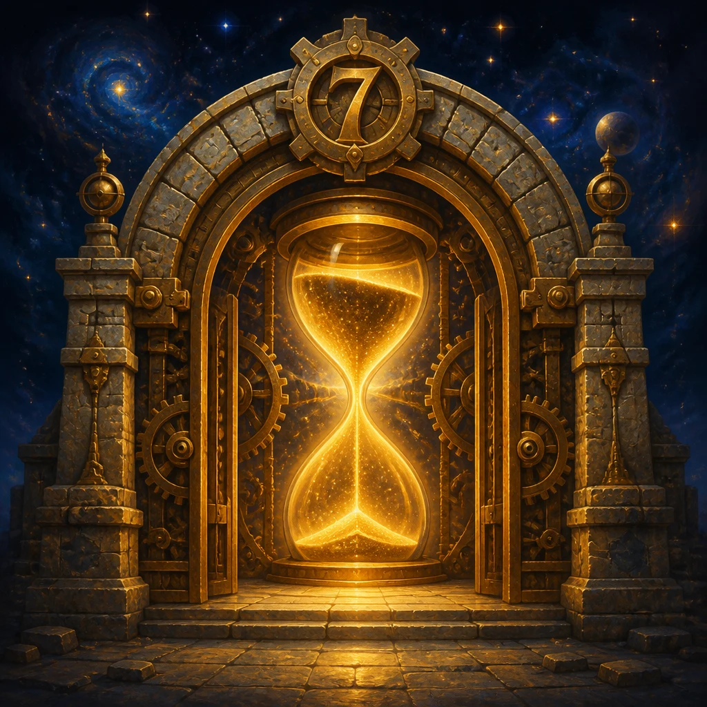 Door 7 discovery portal — cosmic hourglass clockwork gate