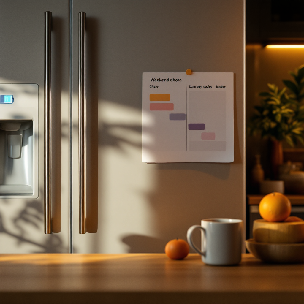 Weekend chore timeline chart on a refrigerator with magnets