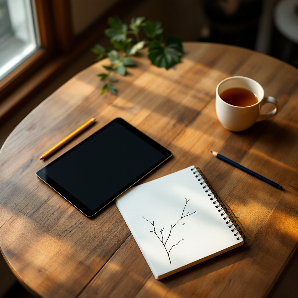 Real kitchen table with tablet, open notebook, and pencils — Phira lesson beside everyday homework