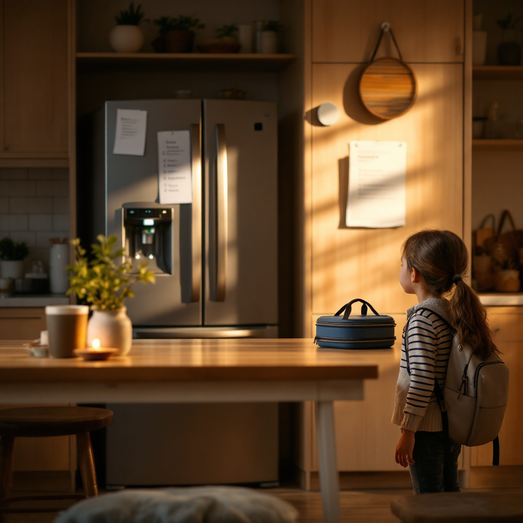 Fridge checklist, backpack, shoes, and lunchbox for a morning exit routine