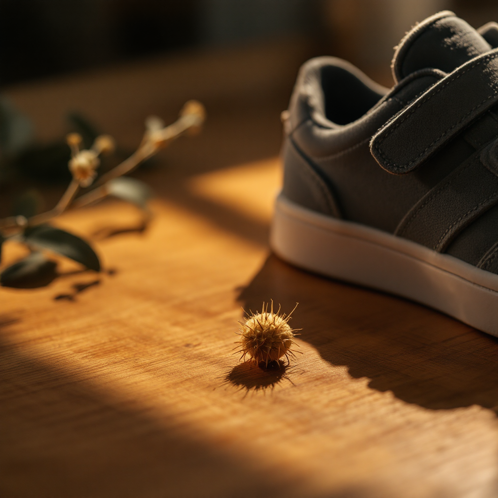 Plant burr beside a kids sneaker with velcro strap on a wooden table