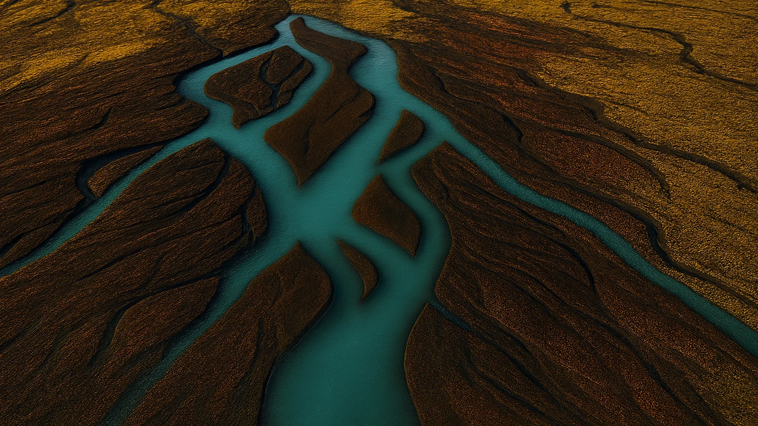 Aerial view of a river delta splitting into channels